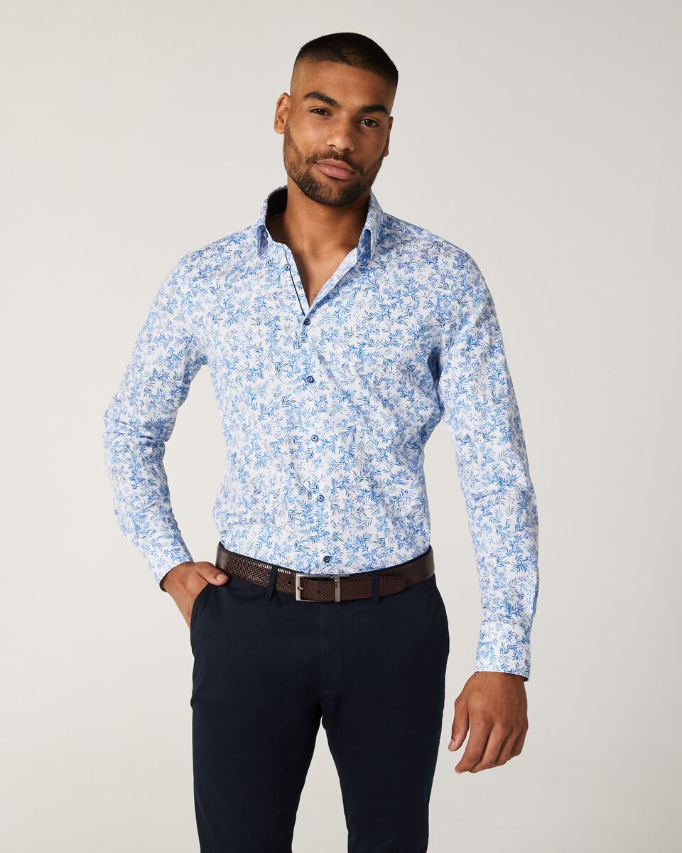 Mens White/Blue Long Sleeve Floral Dress Shirt